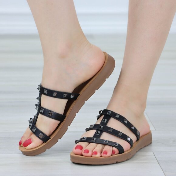 Slider Sandal Slip On Gladiator Flats Studded Black Pliable Sole - Picture 9 of 13